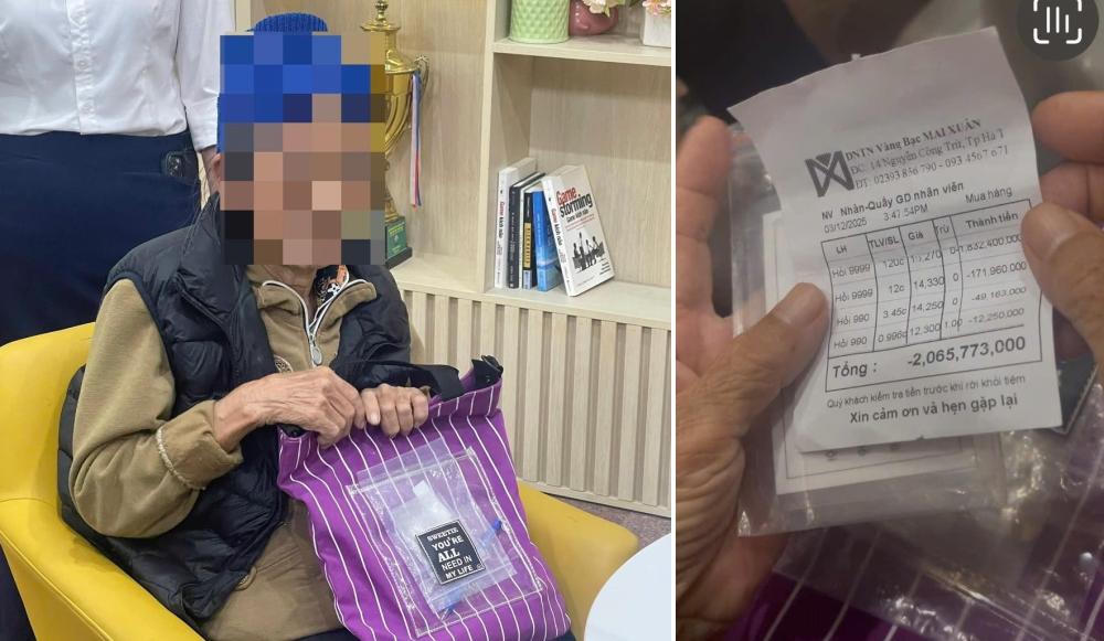 Cụ bà 80 tuổi đã bán vàng tích góp cả đời để lấy 2 tỷ đồng, nhất quyết chuyển cho đội lừa đảo nhưng lực lượng chức năng kịp thời ngăn lại. Ảnh: CAHT.