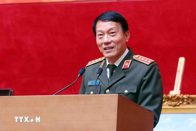 Đại tướng Lương Tam Quang, Ủy viên Bộ Chính trị, Bí thư Đảng ủy Công an Trung ương, Bộ trưởng Bộ Công an phát biểu. (Ảnh: Phạm Kiên/TTXVN).