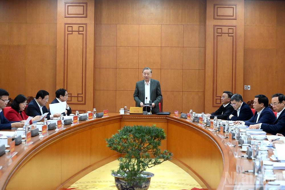 Tổng Bí thư Tô Lâm chủ trì làm việc với Thường trực các Tiểu ban Đại hội XIV của Đảng. Ảnh: Đăng Khoa