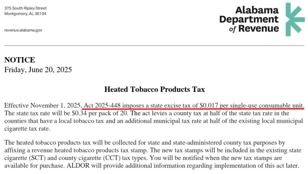 Bang Alabama (Mỹ) áp dụng chính sách thuế ưu đãi cho TLNN, chỉ còn 1,7 cent/điếu.