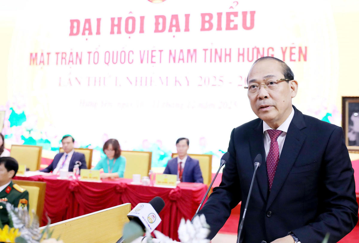 Phó Chủ tịch Ủy ban Trung ương MTTQ Việt Nam Hoàng Công Thủy phát biểu tại đại hội. Ảnh: Duy Hưng..