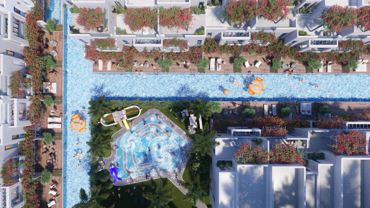 Phối cảnh nhà phố biển sở hữu dòng sông lười ngay nhà tại tiểu khu Hy Lạp.