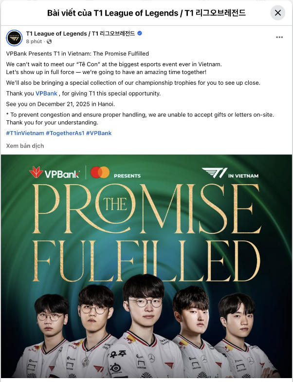 T1 thông báo sẽ đến Hà Nội và háo hức gặp người hâm mộ Việt Nam.