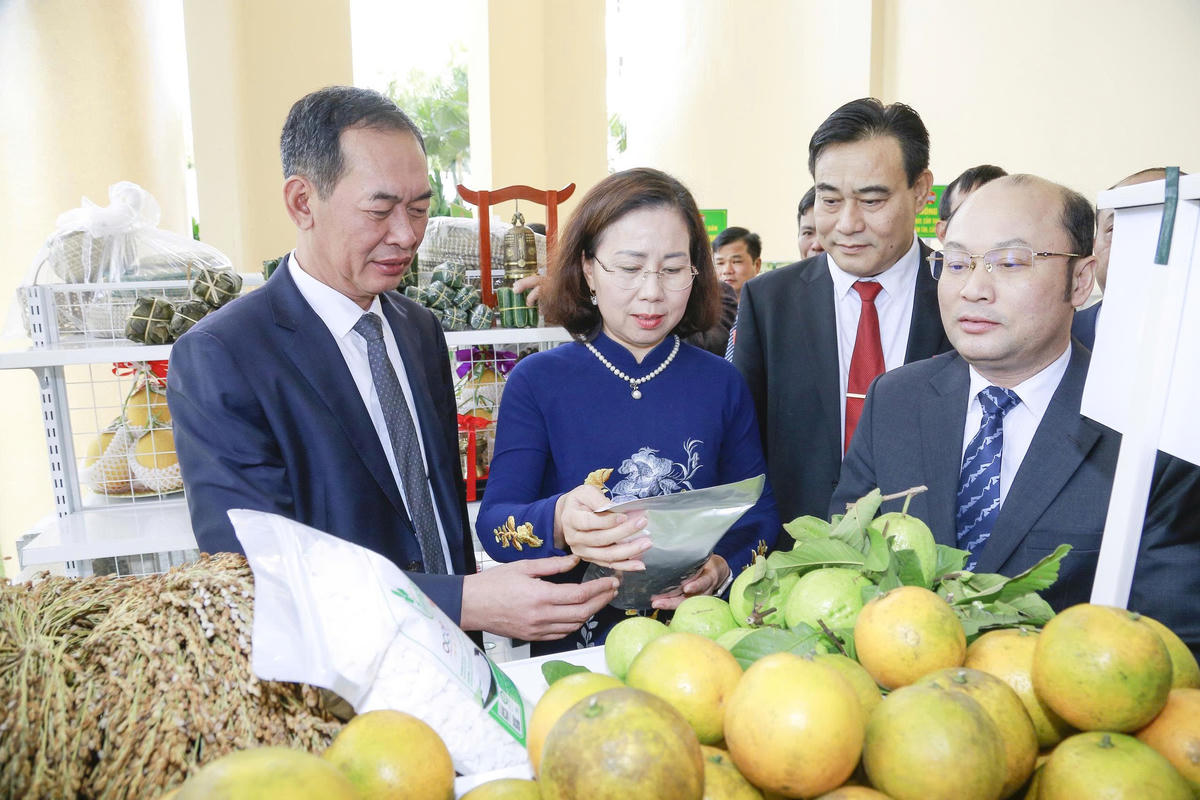 Các đại biểu tham quan các sản phẩm nông nghiệp tiêu biểu trên địa bàn tỉnh Thanh Hóa. Ảnh: Lê Hợi