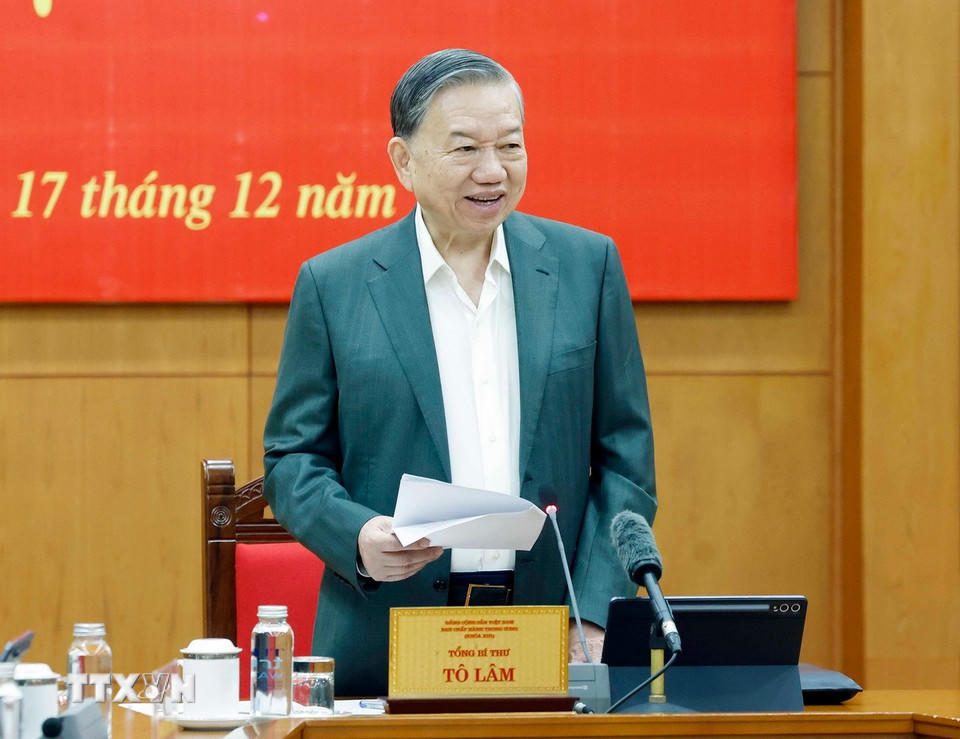 Tổng Bí thư Tô Lâm phát biểu tại phiên họp thứ hai của Ban Chỉ đạo Trung ương về hoàn thiện thể chế, pháp luật. (Ảnh: Thống Nhất/TTXVN)
