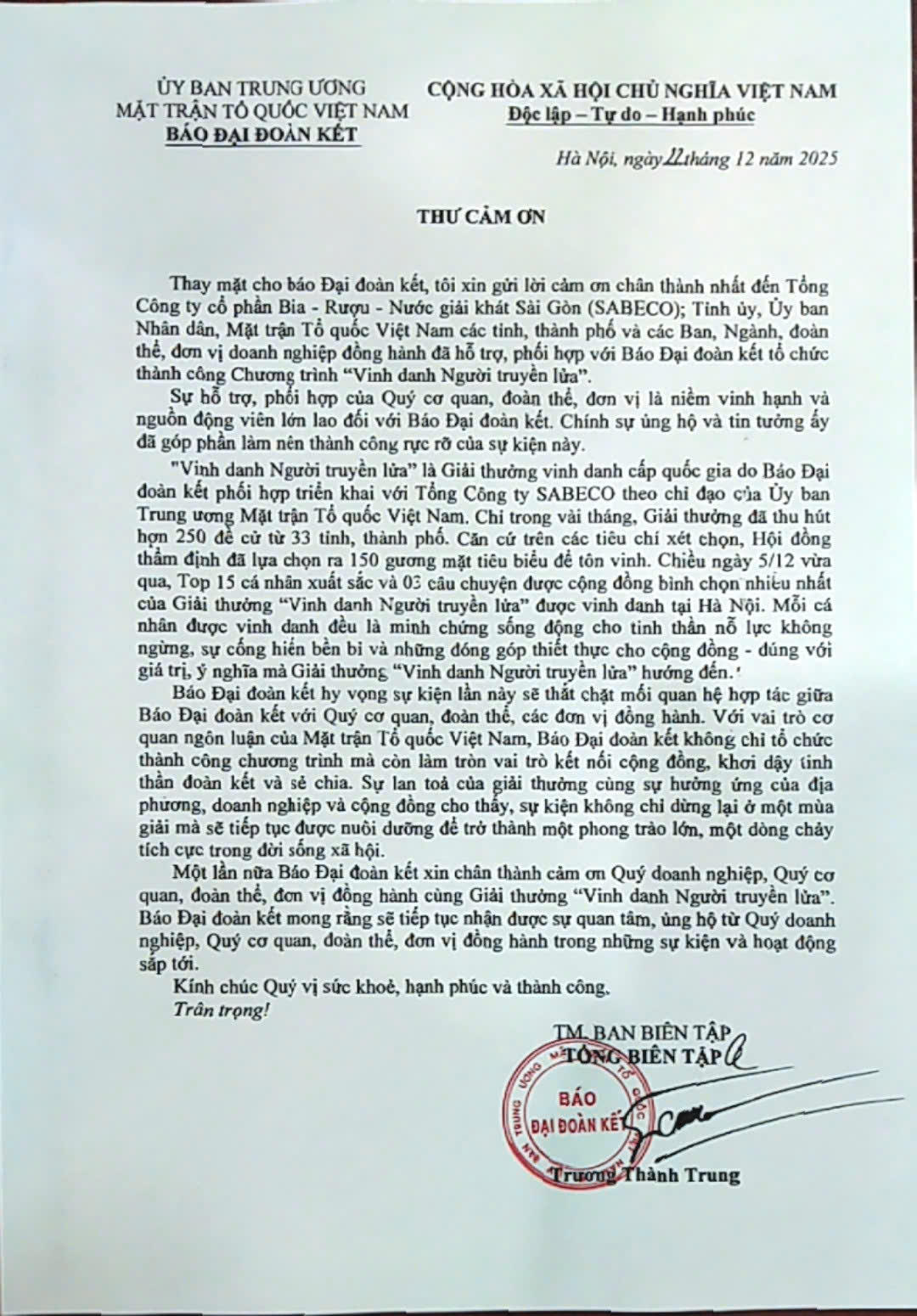 Thư cảm ơn từ Tổng Biên tập&nbsp;Báo Đại đoàn kết Trương Thành Trung.