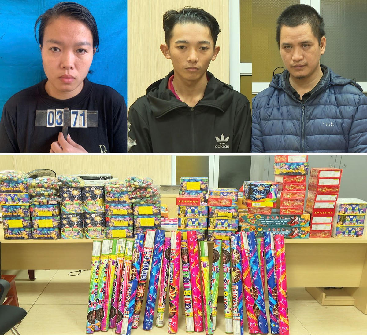 Nhung, Khiêm, Giang và số pháo bị thu giữ. Ảnh: CATH