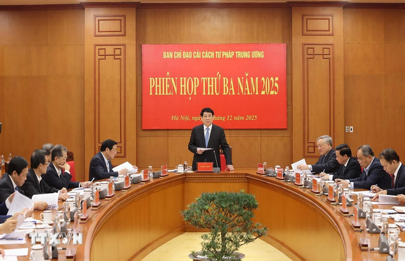 Chủ tịch nước Lương Cường, Trưởng Ban Chỉ đạo cải cách Tư pháp Trung ương phát biểu chỉ đạo. (Ảnh: Lâm Khánh/TTXVN).