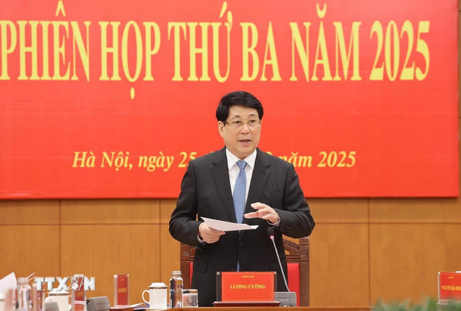 Chủ tịch nước Lương Cường, Trưởng Ban Chỉ đạo cải cách Tư pháp Trung ương phát biểu chỉ đạo. (Ảnh: Lâm Khánh/TTXVN)