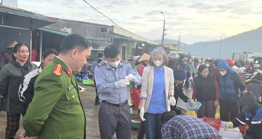 Lực lượng chức năng Hà Tĩnh tiến hành test nhanh các mẫu cá cháo tại các chợ trên địa bàn. Ảnh: VH.