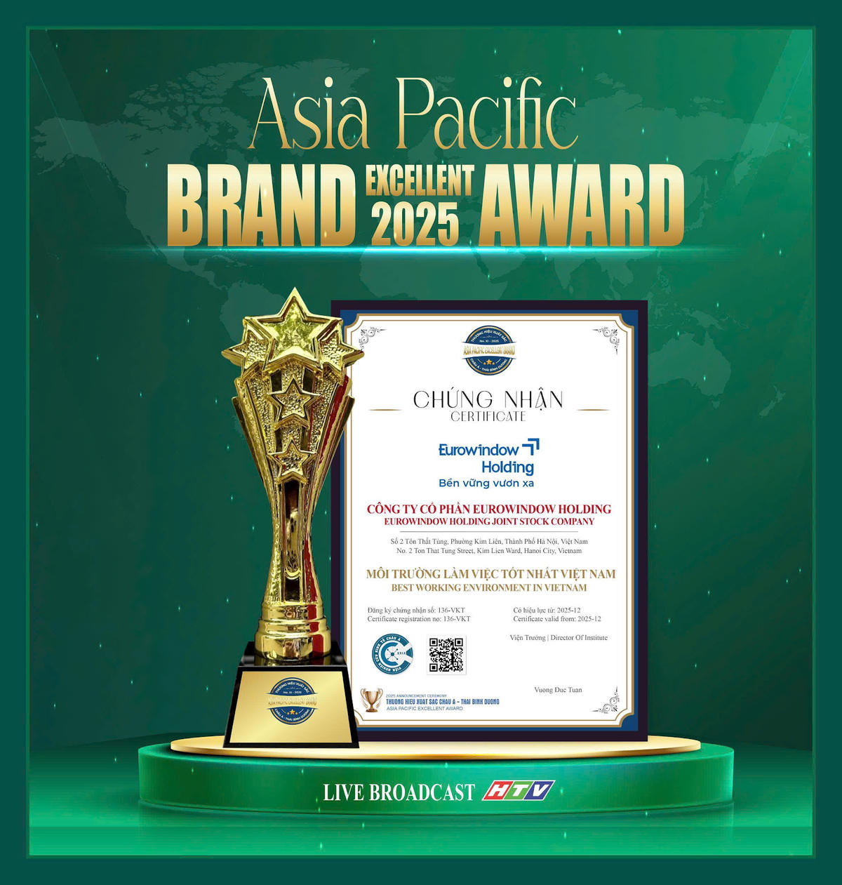 Cúp và giấy chứng nhận danh hiệu “Môi trường làm việc tốt nhất Việt Nam” năm 2025 của Eurowindow Holding