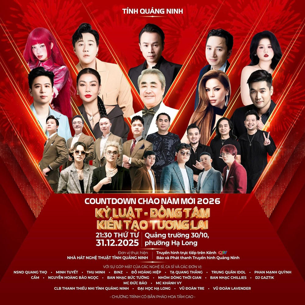 Countdown Quảng Ninh chào năm mới 2026 quy tụ nhiều nghệ sỹ nổi tiếng.