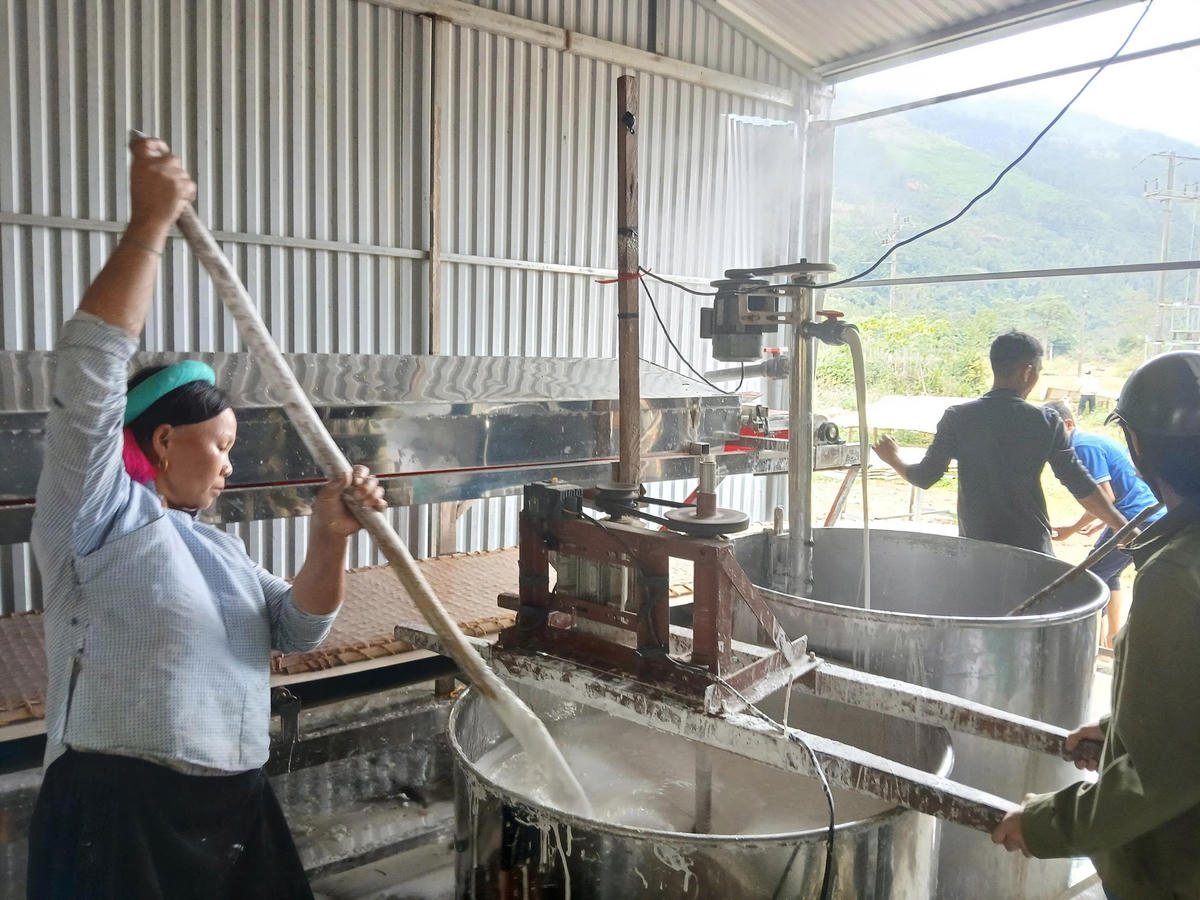 Công đoạn lọc bột trong làm miến dong.