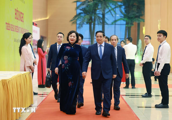 Thủ tướng Phạm Minh Chính đến dự hội nghị. (Ảnh: Dương Giang/TTXVN)