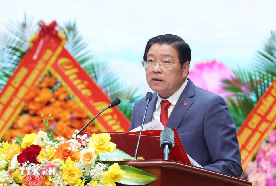 Đồng chí Phan Đình Trạc, Ủy viên Bộ Chính trị, Bí thư Trung ương Đảng, Trưởng Ban Nội chính Trung ương đọc Diễn văn Lễ kỷ niệm. (Ảnh: Phương Hoa/TTXVN)