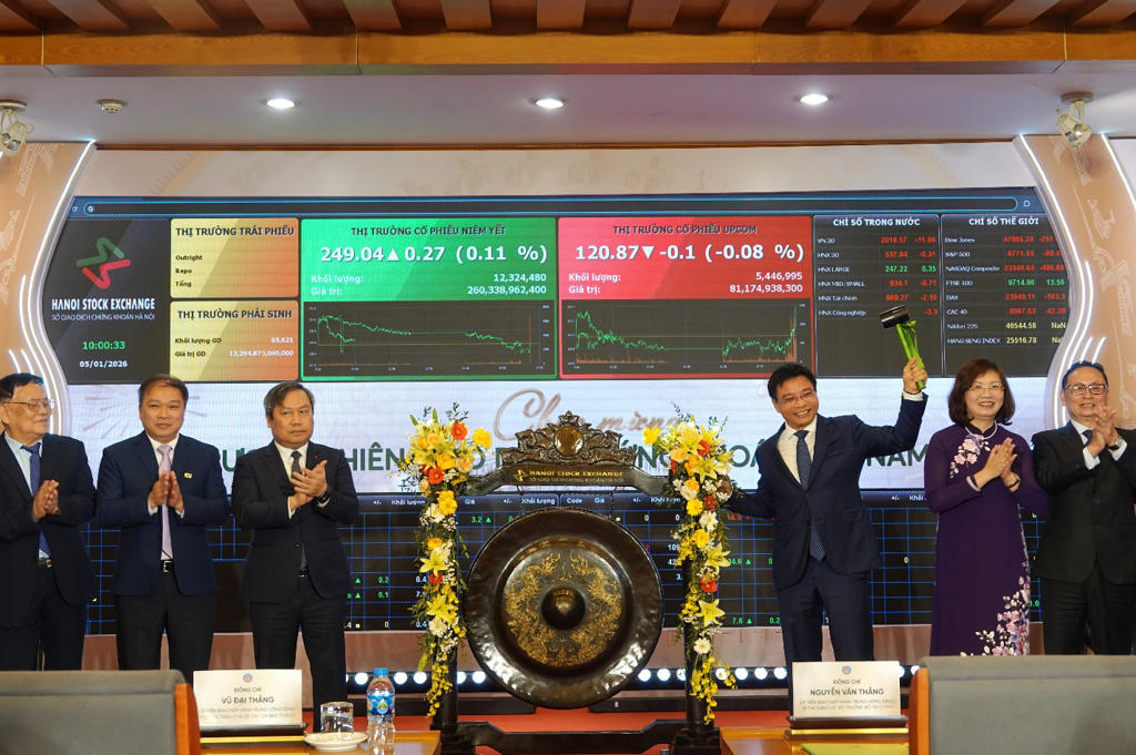 Bộ trưởng Nguyễn Văn Thắng đánh cồng khai trương phiên giao dịch chứng khoán đầu năm 2026. Ảnh: MOF.