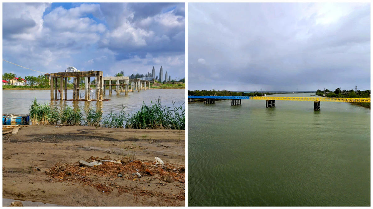 Sau thời gian hạ giải để tu bổ, công trình cầu Hiền Lương thuộc dự án Công viên thống nhất tại Khu Di tích quốc gia đặc biệt đôi bờ Hiền Lương - Bến Hải (Quảng Trị) lắp đặt lại khung dầm thép với hai màu xanh - vàng đặc trưng. Ảnh: DL.