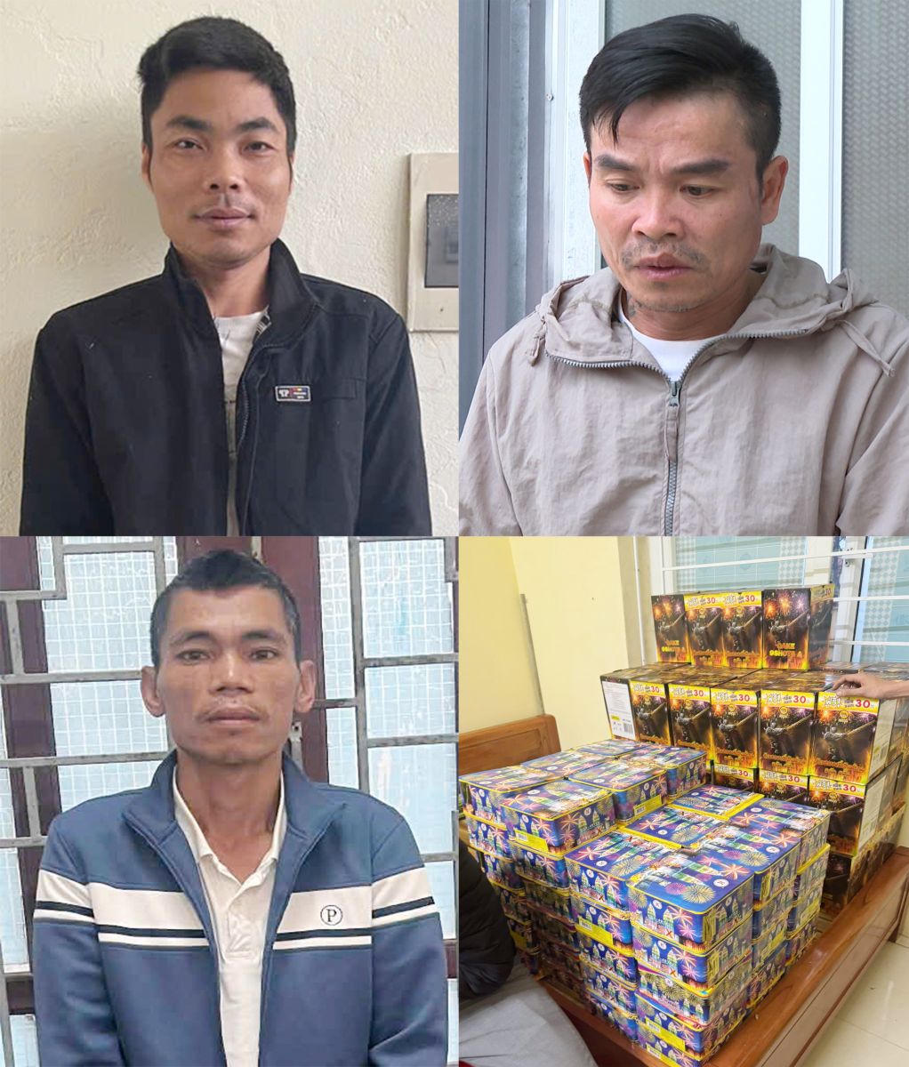 Hùng, Minh, Sơn và số pháo bị thu giữ. Ảnh: CATH