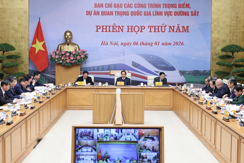 Thủ tướng Chính phủ Phạm Minh Chính, Trưởng Ban Chỉ đạo các công trình trọng điểm, dự án quan trọng quốc gia lĩnh vực đường sắt chủ trì phiên họp thứ năm của Ban Chỉ đạo. Ảnh: VGP/Nhật Bắc

