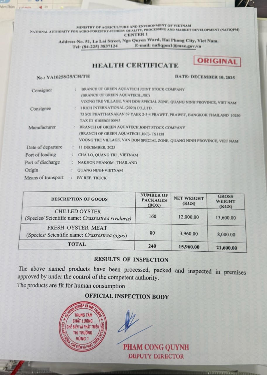 Giấy chứng nhận&nbsp;HEALTH CERTIFICATE, đảm bảo cho lô hàng được sản xuất tại nhà xưởng đạt tiêu chuẩn trước khi đưa vào thị trường Thái Lan.