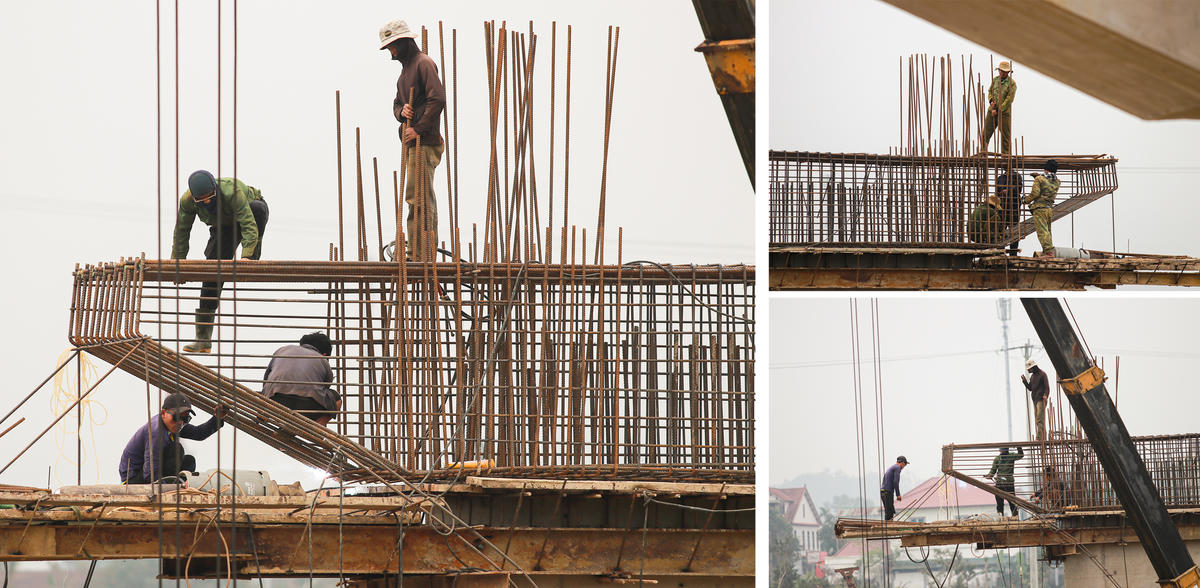 Để hạn chế ảnh hưởng của mưa lũ, nhà thầu đã bố trí thi công theo ca, tăng cường nhân lực và thiết bị trong các khung thời gian bảo đảm an toàn. Ảnh: Cẩm Kỳ&nbsp;