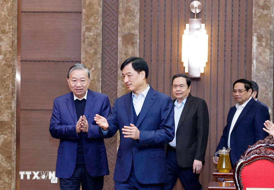 Tổng Bí thư Tô Lâm đến dự buổi làm việc. (Ảnh: Thống Nhất/TTXVN)