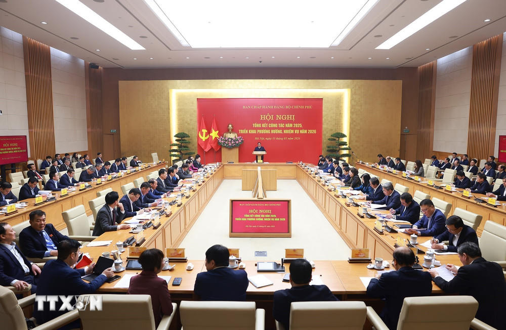Hội nghị tổng kết công tác năm 2025 và triển khai phương hướng, nhiệm vụ năm 2026 của Ban Chấp hành Đảng bộ Chính phủ. (Ảnh: Dương Giang/TTXVN).