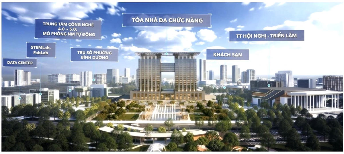 Toà nhà Trung tâm Hành chính tỉnh Bình Dương (cũ) dự kiến có thể sẽ được chuyển đổi công năng để triển khai cho Đề án. Ảnh: BCT cung cấp.