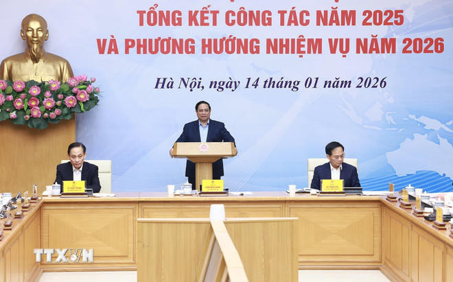 Thủ tướng Phạm Minh Chính chủ trì Hội nghị tổng kết công tác năm 2025 của Ban Chỉ đạo Quốc gia về hội nhập quốc tế. (Ảnh: Dương Giang/TTXVN)