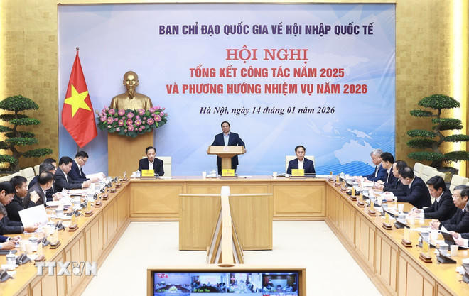 Thủ tướng Phạm Minh Chính chủ trì Hội nghị tổng kết công tác năm 2025 của Ban Chỉ đạo Quốc gia về hội nhập quốc tế. (Ảnh: Dương Giang/TTXVN)