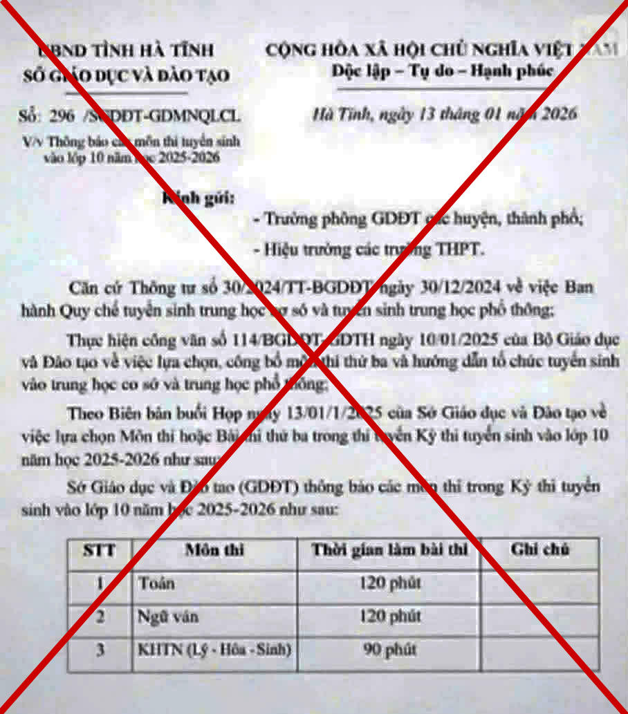 Văn bản giả mạo&nbsp;thông tin môn thi tuyển sinh lớp 10.