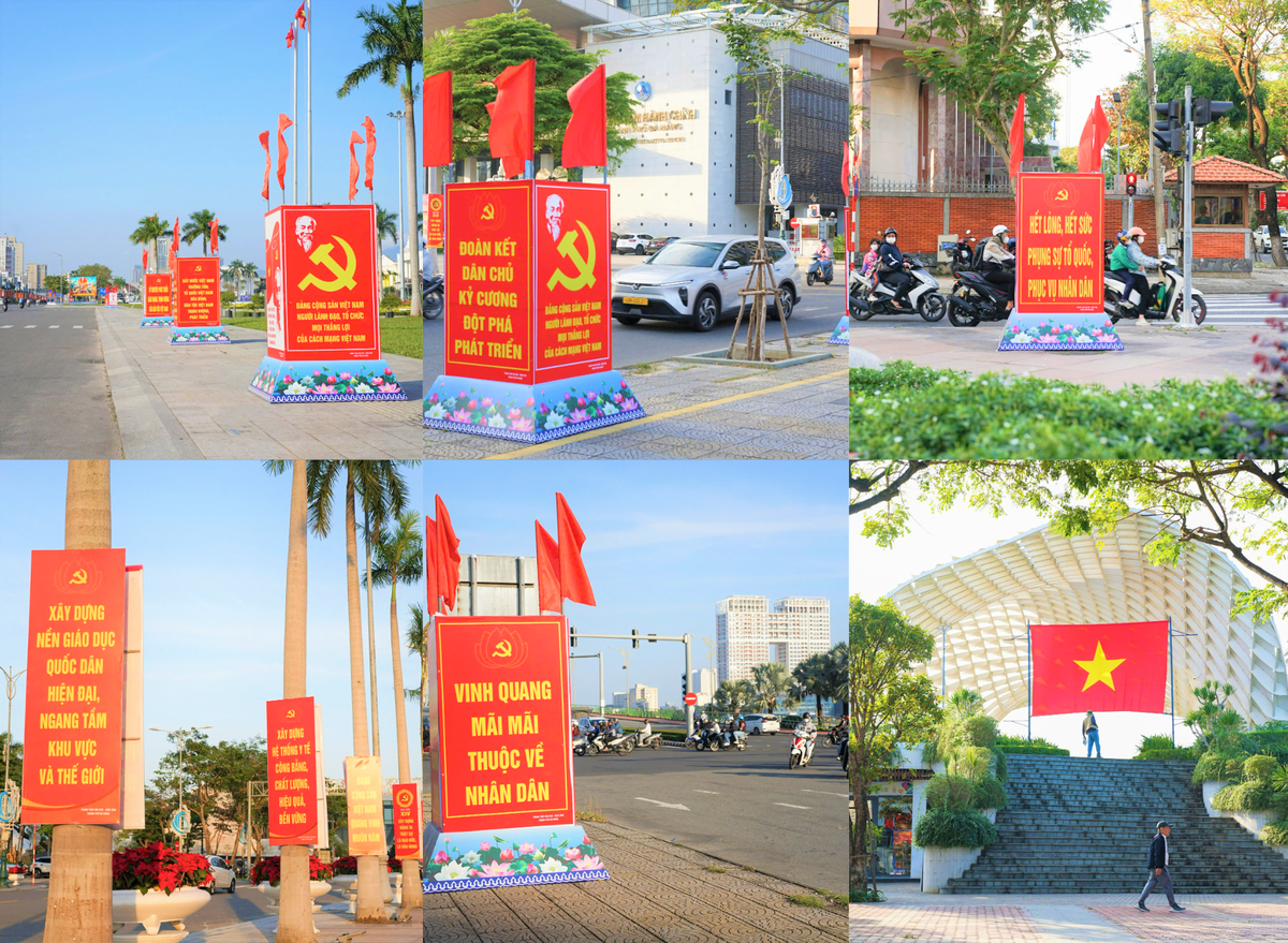 Dọc tuyến đường Trung tâm TP Đà Nẵng được trang khí cờ Tổ quốc, khẩu hiệu chào mừng Đại hội đại biểu toàn quốc lần thứ XIV của Đảng. Ảnh: Chí Đại.