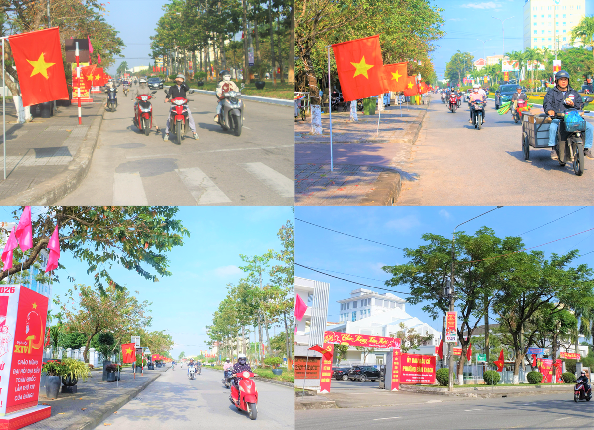 Các tuyến đường trên địa bàn phường Bàn Thạch, Tam Kỳ, thuộc TP Đà Nẵng trang trí cờ Tổ chào mừng Đại hội đại biểu toàn quốc lần thứ XIV của Đảng. Ảnh: Tấn Thành.