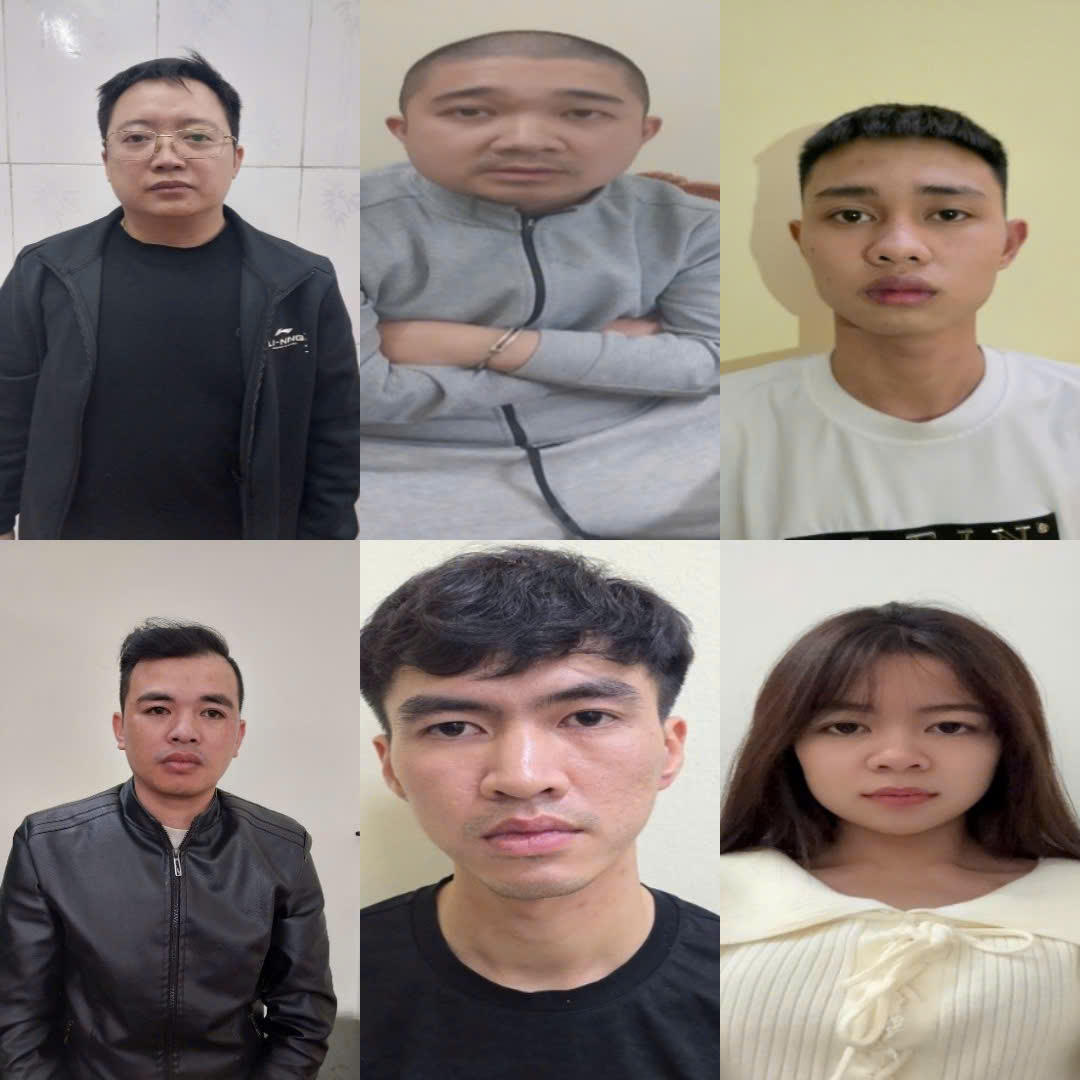 Các đối tượng Phạm Đức An, Nguyễn Thị Thu Thảo, Lê Đình Luật, Doãn Đình Dương, Nguyễn Văn Khánh, Lê Văn Hải. Ảnh: Công an Quảng Ninh.