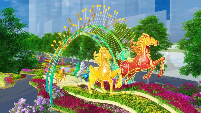 Cổng chào rực sáng thể hiện sự gắn kết, tạo nên vùng phát triển năng động, tích hợp và đầy nội lực với thông điệp “Xuân hội tụ - Vững bước vươn mình”. Ảnh: BTC