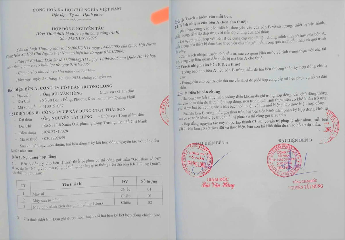 Hợp đồng số 342/HĐNT/2025 ký ngày 27/10/2025 giữa Công ty Thái Sơn và Công ty CP Trường Long. Ảnh: CV.
