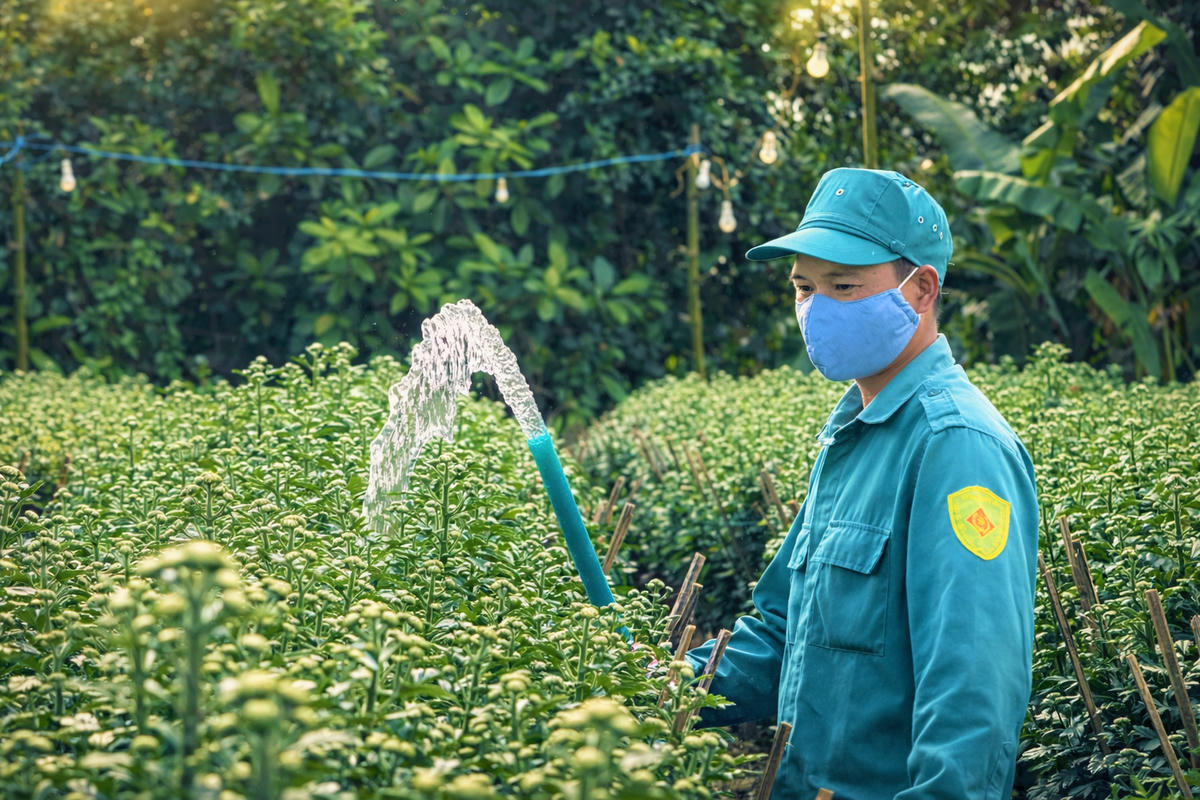 Người dân tưới nước cây hoa cúc phát triển xanh tốt. Ảnh: CV.