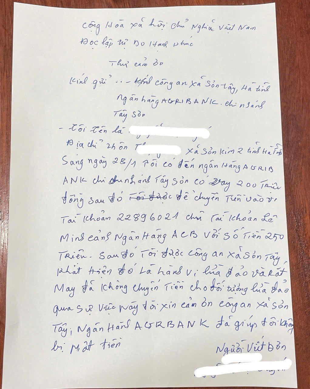 Bà N.T.T viết thư cảm ơn lực lượng chức năng Hà Tĩnh. Ảnh: CAHT.