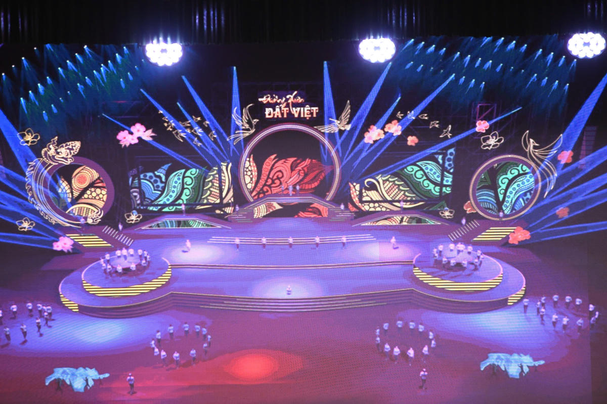 Thiết kế sân khấu&nbsp;chương trình nghệ thuật - chính luận đặc biệt “Đường xuân đất Việt 2026 - Hội tụ”. Ảnh: Phạm Sỹ.