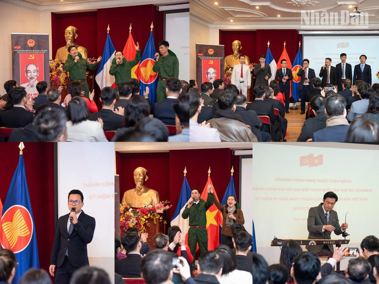 Các tiết mục văn nghệ của các cơ quan đại diện Việt Nam tại Pháp ca ngợi Đảng Cộng sản Việt Nam quang vinh và Chủ tịch Hồ Chí Minh vĩ đại.