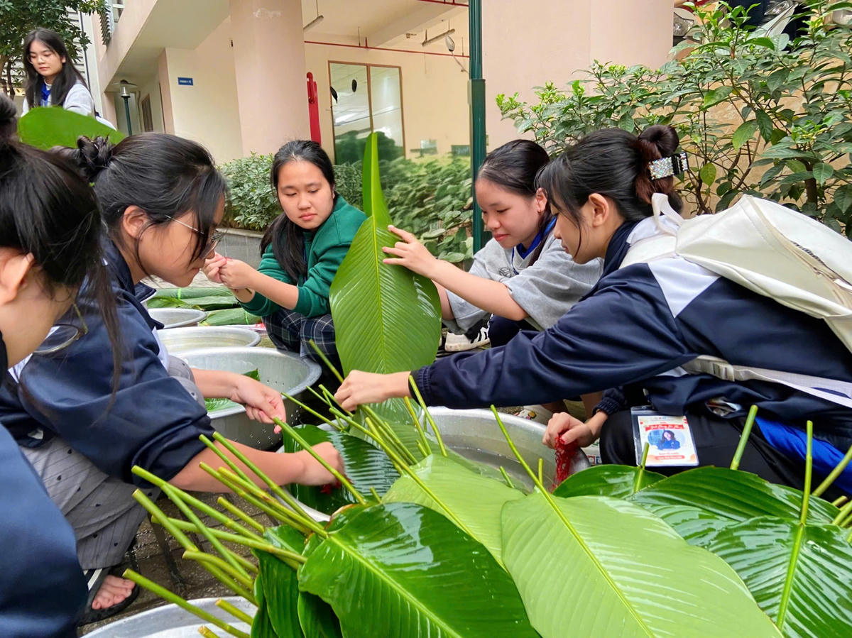 Sinh viên Học viện Tài chính tự tay chuẩn bị nguyên liệu để gói bánh chưng