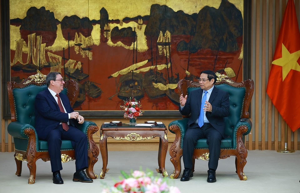 Thủ tướng Phạm Minh Chính tiếp đồng chí Bruno Rodríguez Parrilla, Ủy viên Bộ Chính trị, Đặc phái viên Đảng, Chính phủ Cuba, Bộ trưởng Bộ Ngoại giao Cuba. Ảnh Dương Giang/TTXVN