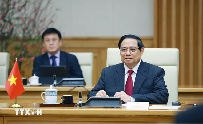 Thủ tướng Phạm Minh Chính phát biểu tại cuộc hội kiến Chủ tịch Hạ viện Vương quốc Hashemite Jordan Mazen Turki El Qadi. (Ảnh: Dương Giang/TTXVN).