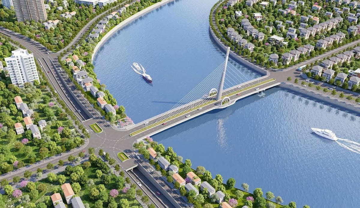 Cầu Gia Bảy mới được thiết kế dây văng, dài hơn 180m, rộng 23,5m, đầu tư đồng bộ hệ thống đường đầu cầu. Ảnh phối cảnh.