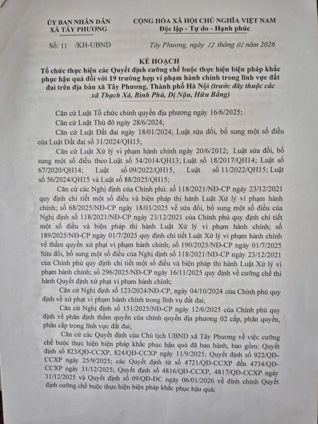 Kế hoạch cưỡng chế, buộc khắc phục hậu quả của UBND xã Tây Phương.