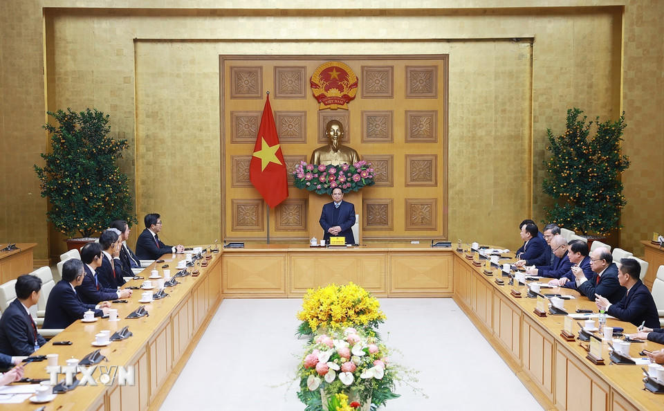 Thủ tướng Phạm Minh Chính tiếp Đoàn các tổ chức, doanh nghiệp của Nhật Bản. (Ảnh: Dương Giang/TTXVN)