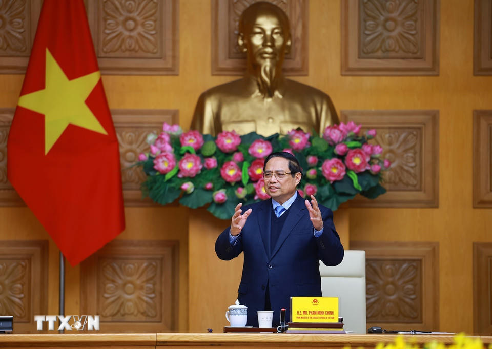 Thủ tướng Phạm Minh Chính phát biểu tại buổi tiếp Đoàn các tổ chức, doanh nghiệp của Nhật Bản. (Ảnh: Dương Giang/TTXVN)