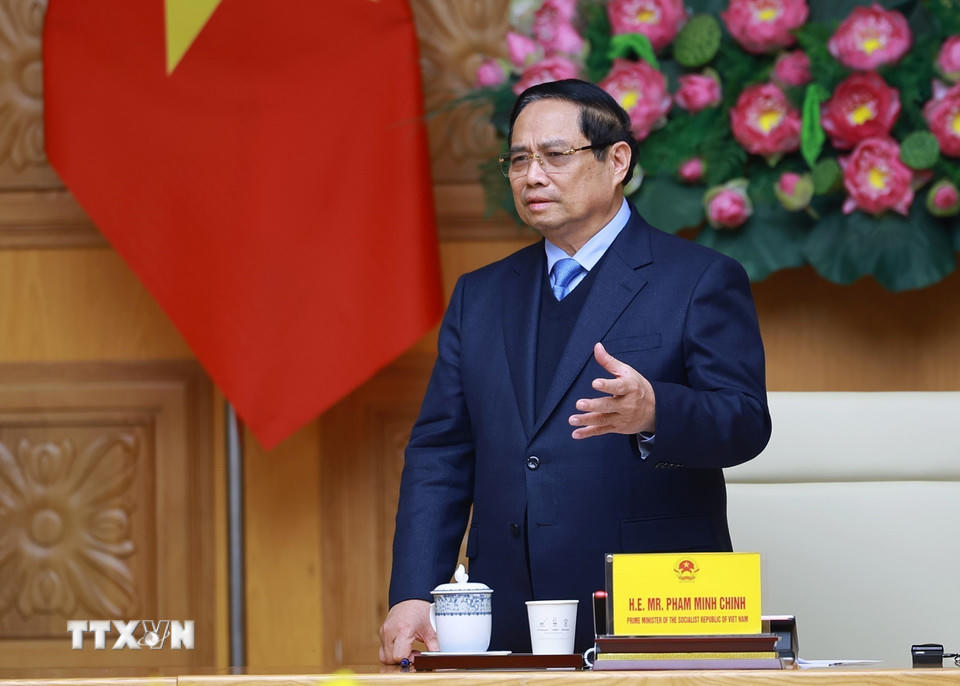 Thủ tướng Phạm Minh Chính phát biểu tại buổi tiếp Đoàn các tổ chức, doanh nghiệp của Nhật Bản. (Ảnh: Dương Giang/TTXVN)