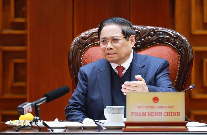 Thủ tướng Phạm Minh Chính chủ trì Phiên họp lần thứ năm của Ban Chỉ đạo xây dựng nhà máy điện hạt nhân. (Ảnh: Dương Giang/TTXVN).