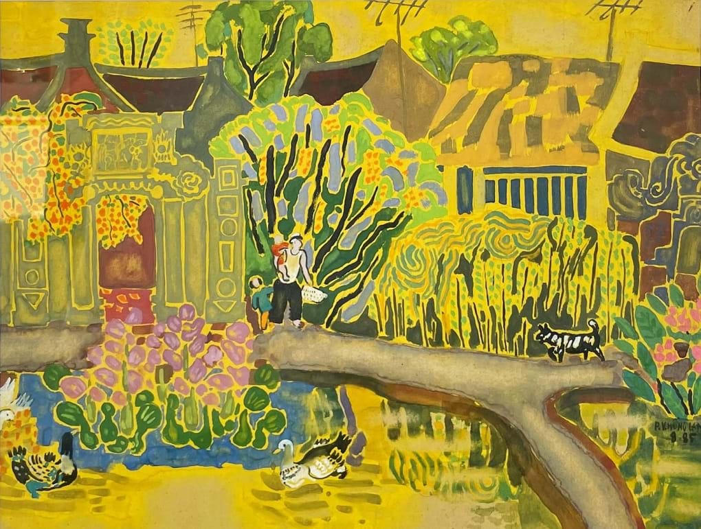 Phong cảnh làng quê trong tranh bột màu của họa sĩ Phạm Viết Hồng Lam.